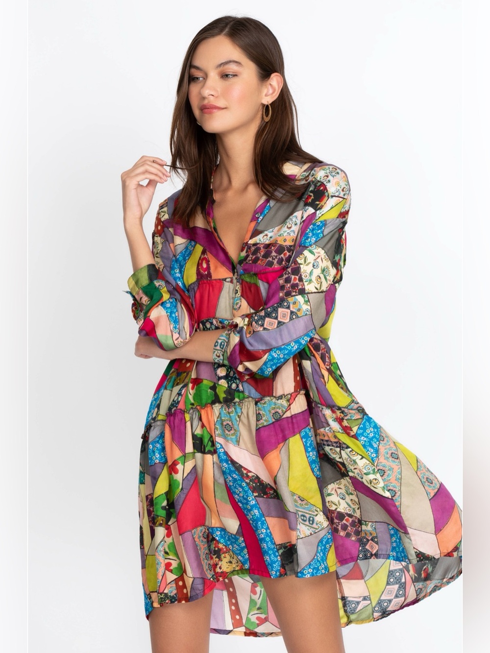 Johnny Was NWT Jasmine 100% Silk Shirt Dress Small Vintage stitch Patch Colorful